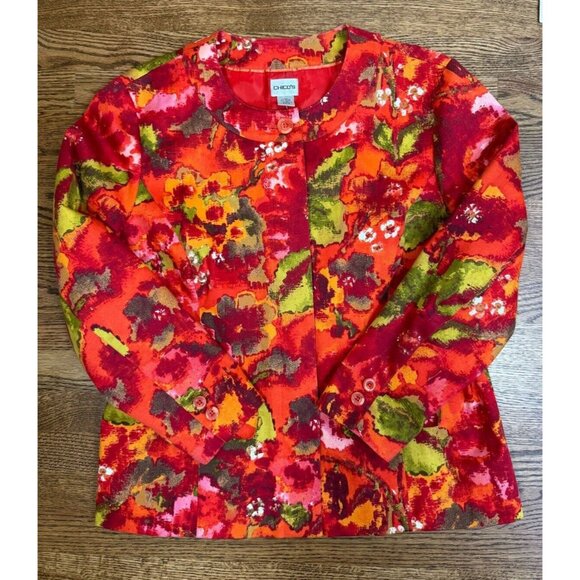 Chico's Womens Orange Red Watercolor Floral Button Jacket Size 3/XL Artsy Retro - Picture 9 of 13